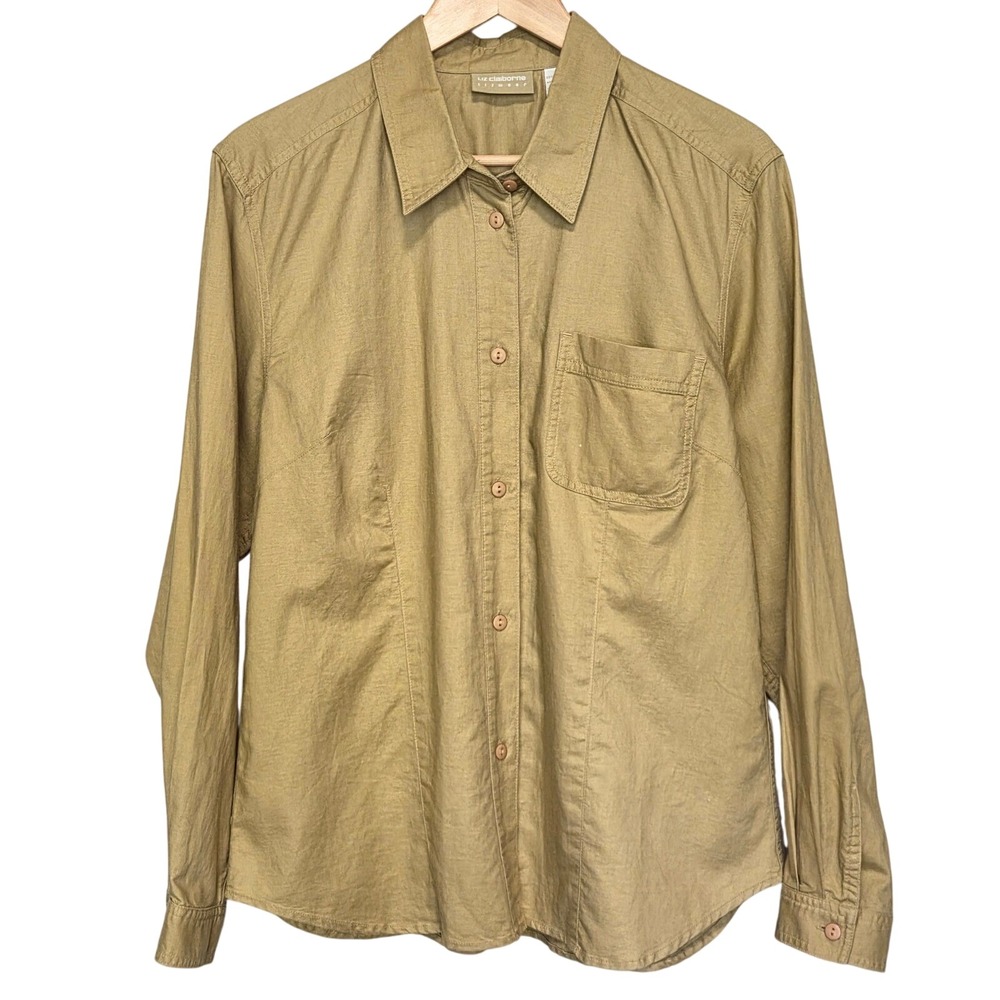 Liz Claiborne Button Up Shirt Womens 16 Tan Linen Cotton Classic Minimalist 90s